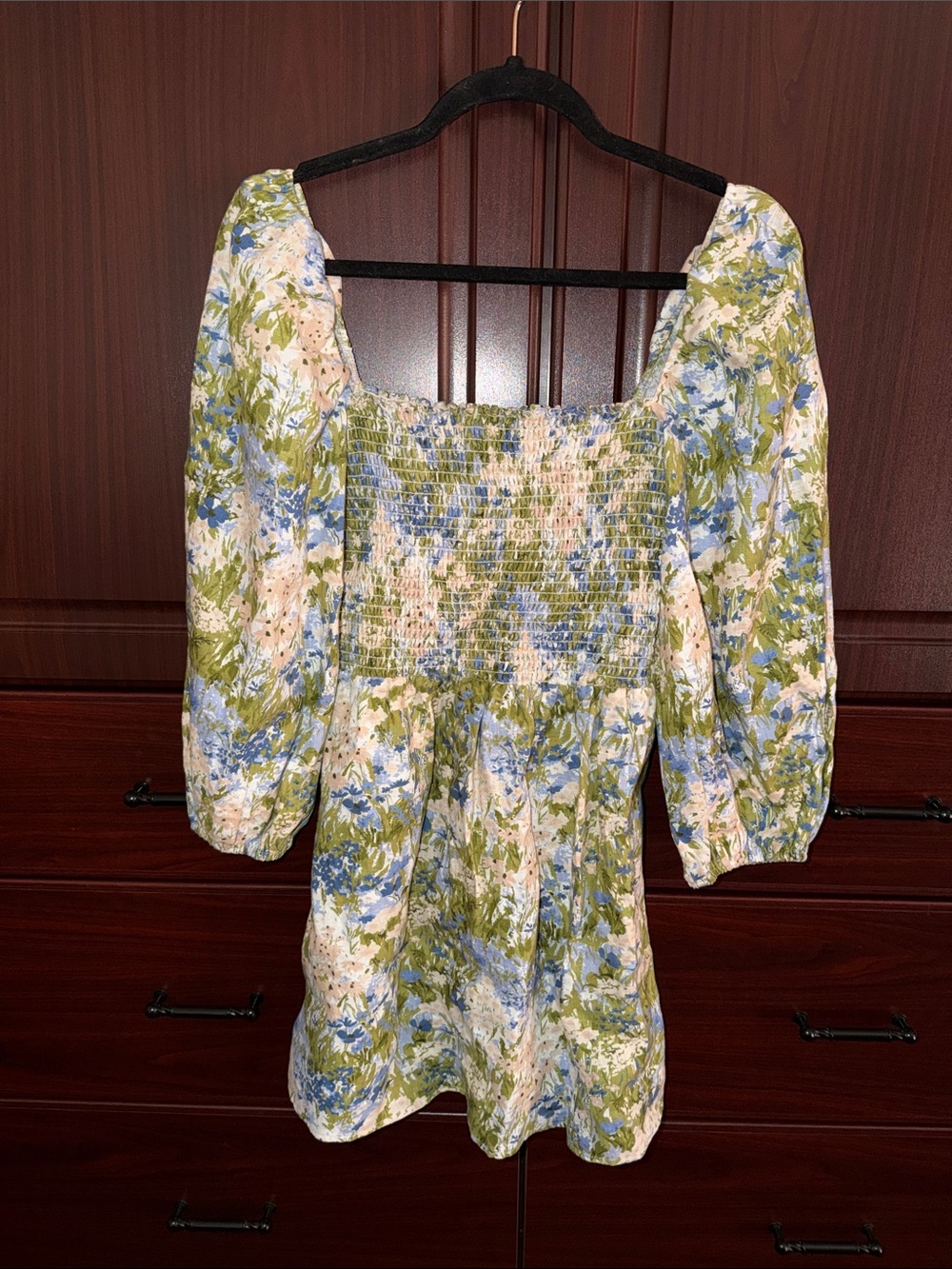 Reformation Square-Neck Floral Mini Dress in Green & Blue